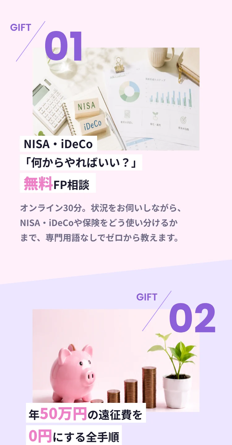 だから、こんなものを用意しました。SPECIAL GIFT 推し活マネー攻略パック。無料相談にご参加いただいた方へ、3つの特典をまとめてプレゼント！ GIFT 01 NISA・iDeCo「何からやればいい？」無料FP相談